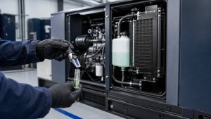 Technician testing coolant from a stationary diesel generator with a refractometer
