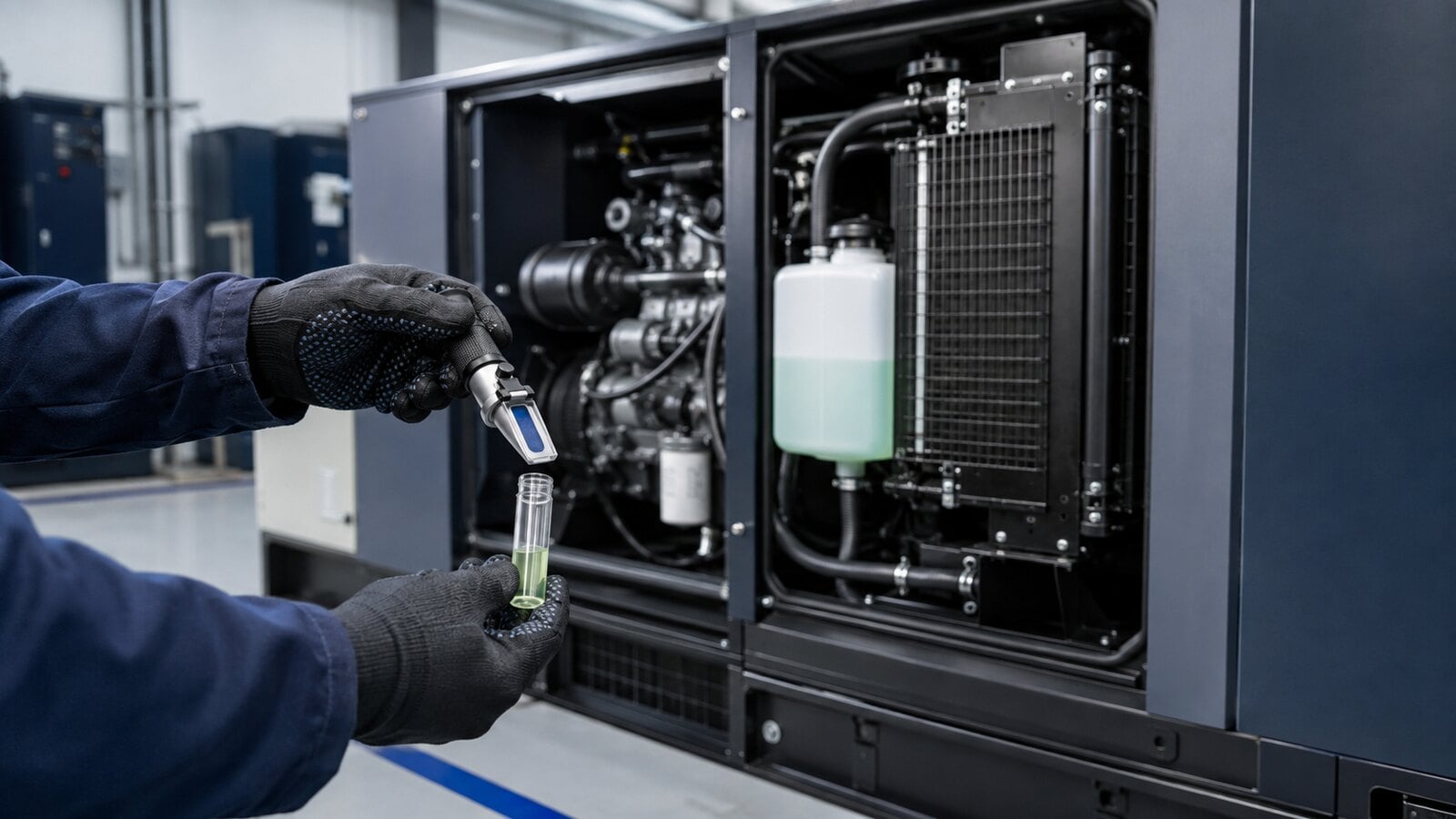 Technician testing coolant from a stationary diesel generator with a refractometer