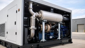 Turbo diesel generator exhaust system with flexible connector and industrial silencer