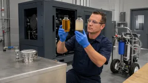 Technician comparing clean and contaminated diesel fuel samples beside a generator