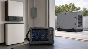 Power-quality analyzer between an inverter-charger battery system and an outdoor diesel generator