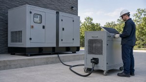 Technician conducting a load-bank test on an enclosed diesel generator