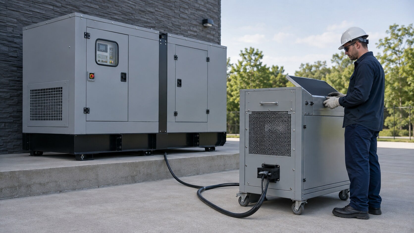 Technician conducting a load-bank test on an enclosed diesel generator