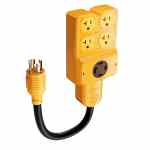 Designed to expand a NEMA L14-30P generator outlet into four NEMA 5-20R household receptacles and one NEMA L14-30R twist-lock outlet, this heavy-duty 1.5 ft adapter delivers up to 30 Amp, 125/250 Volt power.
