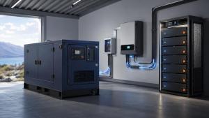 Diesel generator connected to an inverter charger and battery storage system in an off-grid utility room