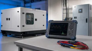 Power-quality analyzer beside an enclosed diesel generator and power-conversion cabinet