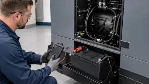 Technician testing a diesel generator starting battery with a conductance tester