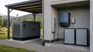 Outdoor diesel generator beside separate inverter and battery equipment for an off-grid auto-start system