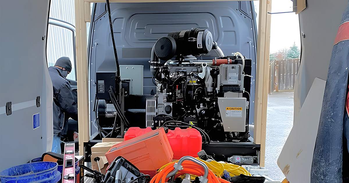 Customer photo of an Aurora Generator being installed in a spray foam vehicle